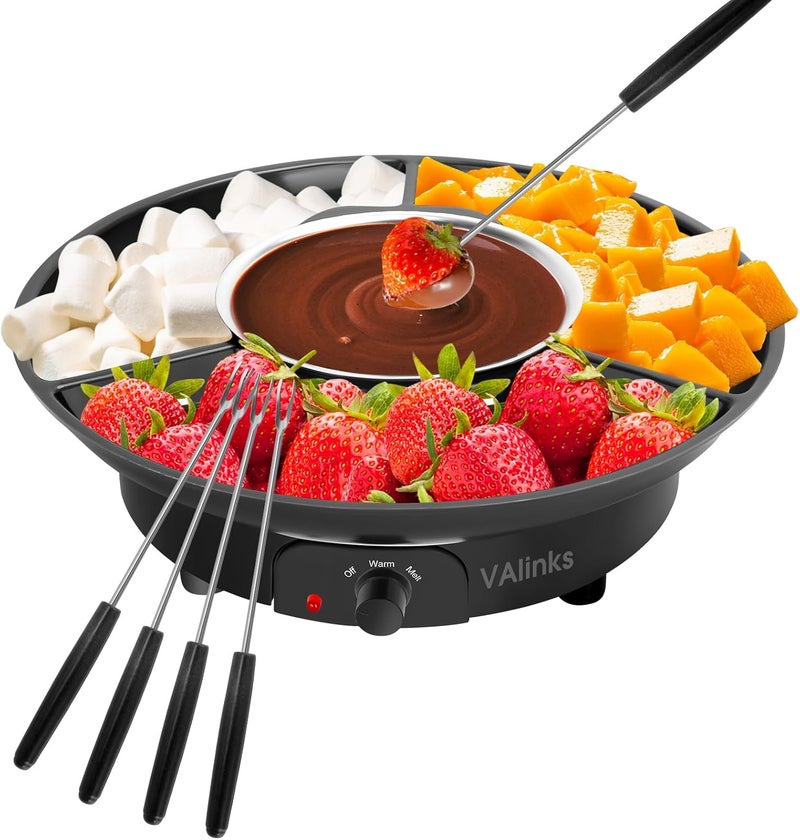 VAlinks Electric Chocolate Melting Pot Chocolate Fondue Pot Set 3-Section Serving Trays with 6pcs Dipping Forks Perfect for Housewarming Christmas Party Gifts (Black) - Image 1